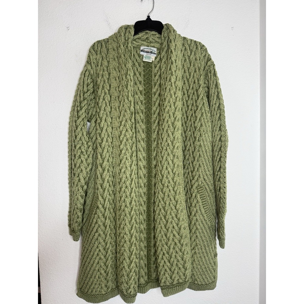 Aran Crafts Cardigan Size L  Green Merino Wool Cable Knit Shawl Pockets Sweater